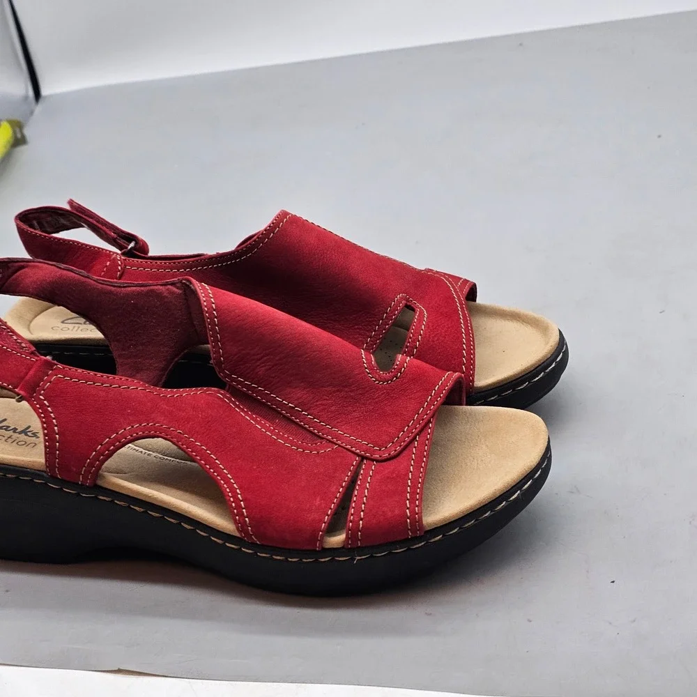 Clarks Collection Red Nubuck Leather Slingback Wedge Sandals Womens Size 12 M